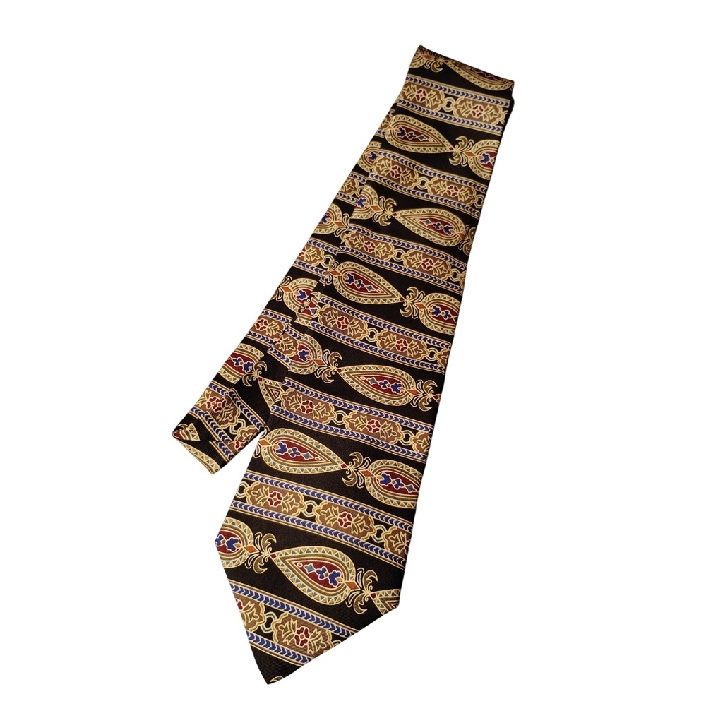 Handmade 100% Silk Tie Brown Gold Burgundy Teardrop Geometric Pattern